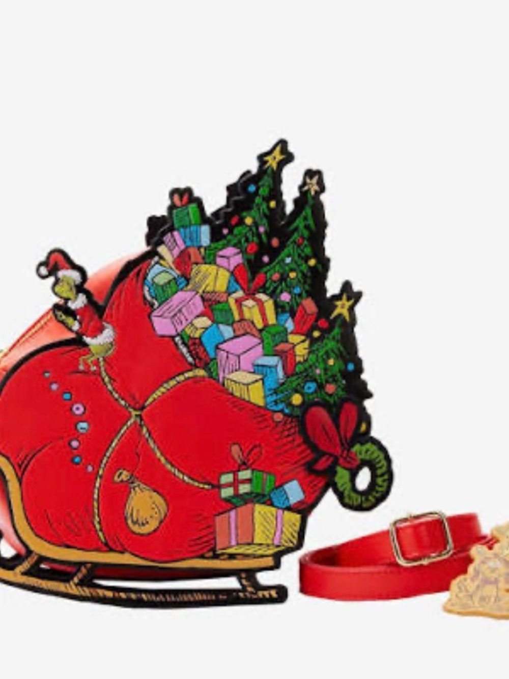 Grinch Christmas Sleigh Crossbody Bag - Red with Multicolor Gifts